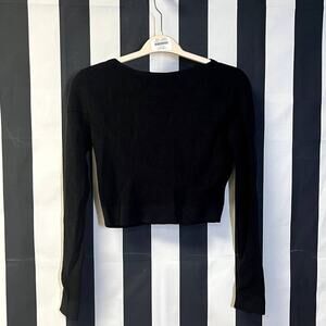 DEREK LAM 10 CROSBY Ribbed Knit Crop Sweater Boatneck Fitted Black Women's S